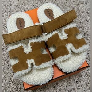 Suede Goatskin Woolskin Womens Chypre Sandals 40 Brun Fume Ecru